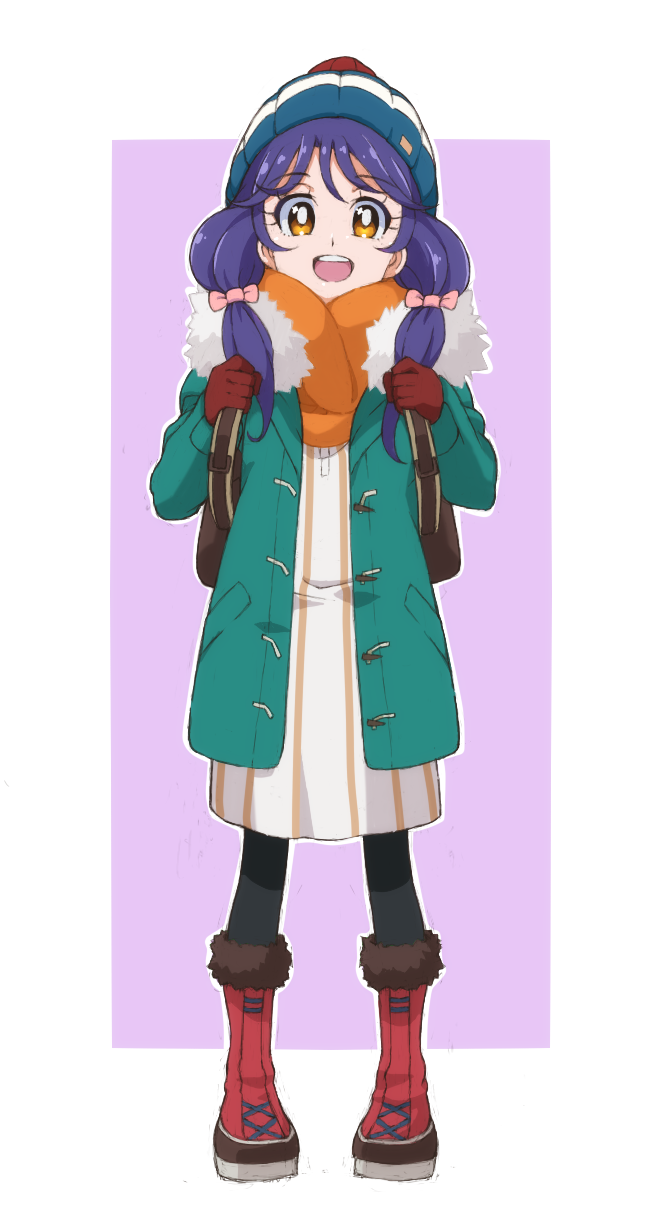 1girl :d backpack bag bangs beanie black_legwear blue_coat blue_eyes boots bow bright_pupils brown_eyes brown_gloves brown_headwear coat commentary dress full_body fur-trimmed_coat fur-trimmed_footwear fur_trim gloves hair_bow hair_over_shoulder hanamori_yumiri hat highres hood hood_down hooded_coat kayabakoro long_hair long_sleeves looking_at_viewer medium_dress multicolored_clothes multicolored_headwear open_mouth orange_scarf outline outside_border pantyhose precure purple_background purple_hair red_footwear scarf smile solo standing suzumura_sango toggles tropical-rouge!_precure twintails voice_actor_connection white_dress white_outline white_pupils winter_clothes