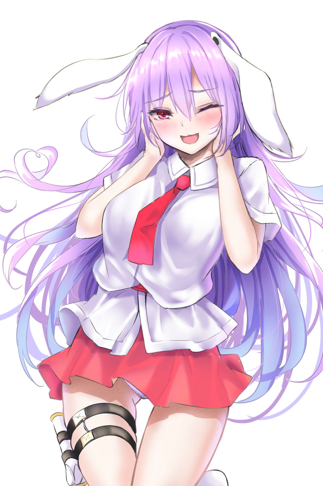 1girl ;d animal_ears ass_visible_through_thighs blush hands_on_own_cheeks hands_on_own_face highres long_hair looking_at_viewer necktie one_eye_closed purple_hair rabbit_ears red_eyes red_necktie red_skirt reisen_udongein_inaba short_sleeves simple_background skirt smile solo touhou upskirt very_long_hair white_background wing_collar xialuluo_(sharuro)