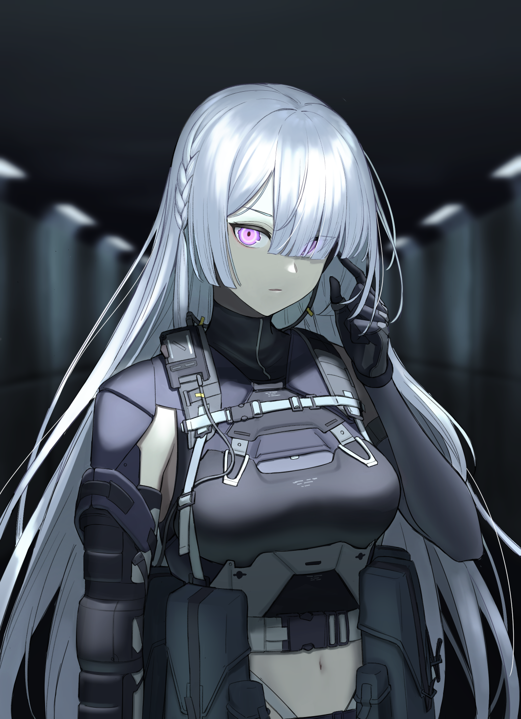 1girl ak-15_(girls'_frontline) artificial_eye artificial_eyes bangs black_gloves braid breasts commentary commentary_typo commission crop_top eyes_visible_through_hair girls_frontline gloves hair_over_one_eye hand_up highres indoors kawara_pigeon long_hair looking_at_viewer mechanical_eye medium_breasts midriff navel parted_lips pouch sidelocks silver_hair snap-fit_buckle solo standing tactical_clothes upper_body violet_eyes