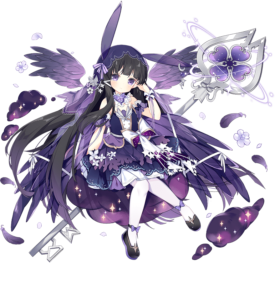 1girl abaddon_(ark_order) animal_ears ark_order bangs bare_shoulders black_footwear black_hair blunt_bangs bow bug butterfly detached_sleeves detached_wings dress dress_bow fake_animal_ears falling_feathers falling_petals feathered_wings flower footwear_bow frilled_dress frills full_body hair_bow hair_ornament hairclip hime_cut holding holding_key key layered_dress long_hair looking_at_viewer official_art oversized_object pantyhose petals purple_bow purple_dress purple_wings see-through short_sleeves sidelocks smoke solo sparkle tachi-e tsukimi_(xiaohuasan) veil very_long_hair white_bow white_flower white_legwear wings wrist_cuffs