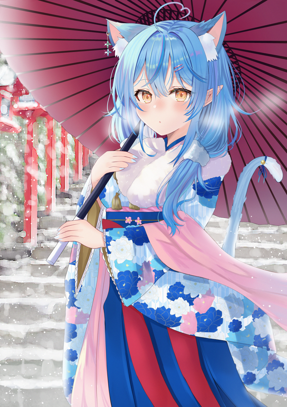 ahoge animal_ear_fluff animal_ears bangs bell blue_hair blue_nails blush ear_ornament extra_ears eyebrows_visible_through_hair fingernails haiclip hair_between_eyes highres holding holding_umbrella holofive hololive japanese_clothes kimono long_hair looking_at_viewer nail_polish nibosi oil-paper_umbrella pointy_ears ribbon snow stairs tail tail_bell tail_ornament tail_raised tail_ribbon umbrella virtual_youtuber yellow_eyes yukihana_lamy