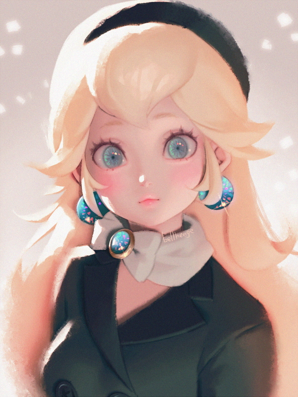 1girl bellhenge blonde_hair blue_eyes blush bow bowtie brooch earrings glint grey_background jewelry light_smile lips long_hair princess_peach simple_background solo super_mario_bros. super_mario_odyssey upper_body white_bow white_bowtie
