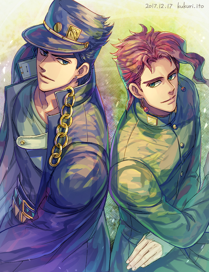 2boys black_hair blue_eyes chain dyresbroom earrings gakuran green_eyes jewelry jojo_no_kimyou_na_bouken kakyoin_noriaki kujo_jotaro long_coat male_focus multiple_boys pink_hair redhead school_uniform stardust_crusaders