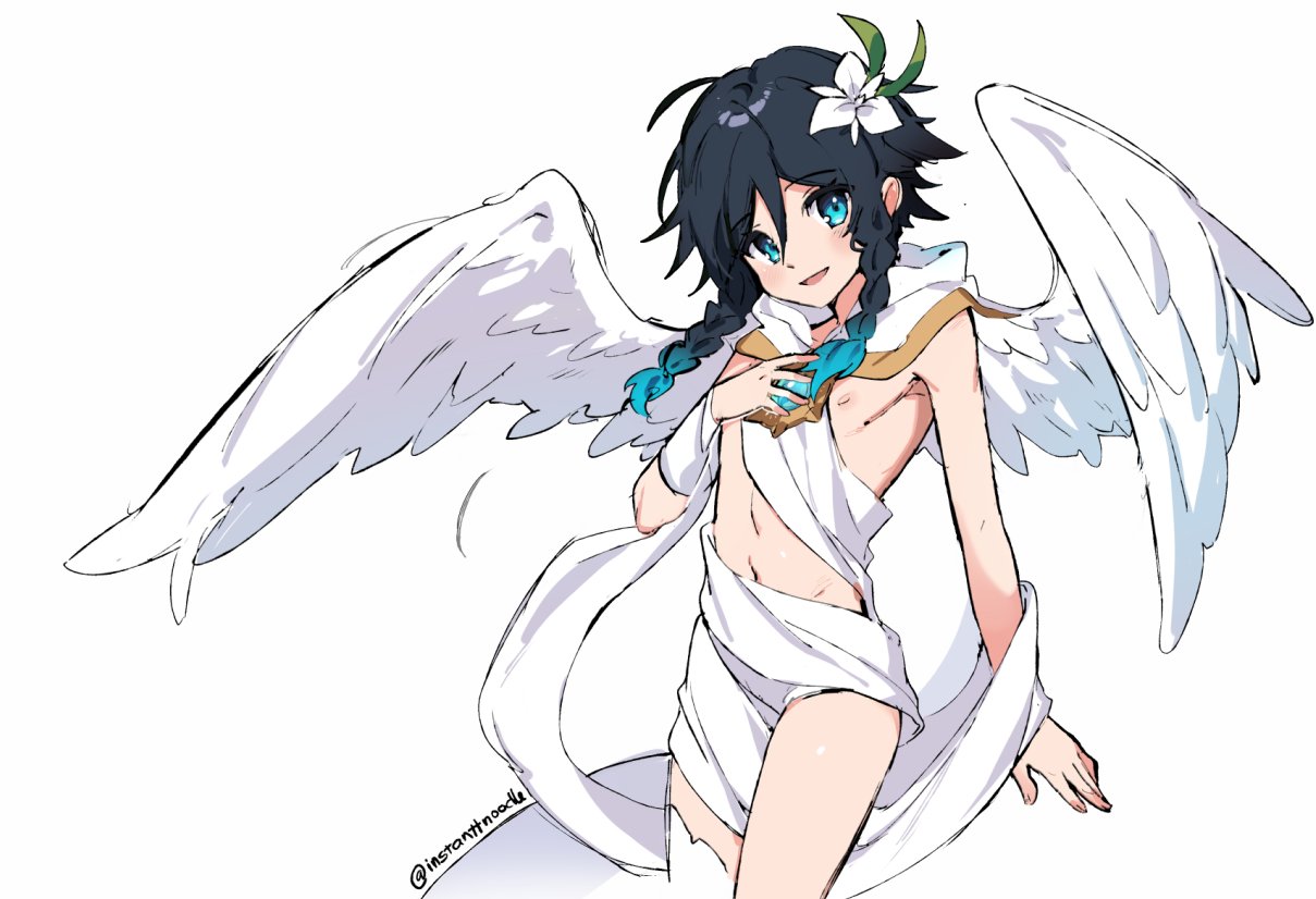 1boy angel_wings bangs black_hair blue_eyes blue_hair blush braid english_commentary eyebrows_visible_through_hair feathered_wings flower genshin_impact gradient_hair hair_between_eyes hair_flower hair_ornament instanttnoodle looking_at_viewer male_focus multicolored_hair nipples otoko_no_ko parted_lips robe simple_background solo twin_braids twitter_username venti_(genshin_impact) white_background white_flower white_wings wings