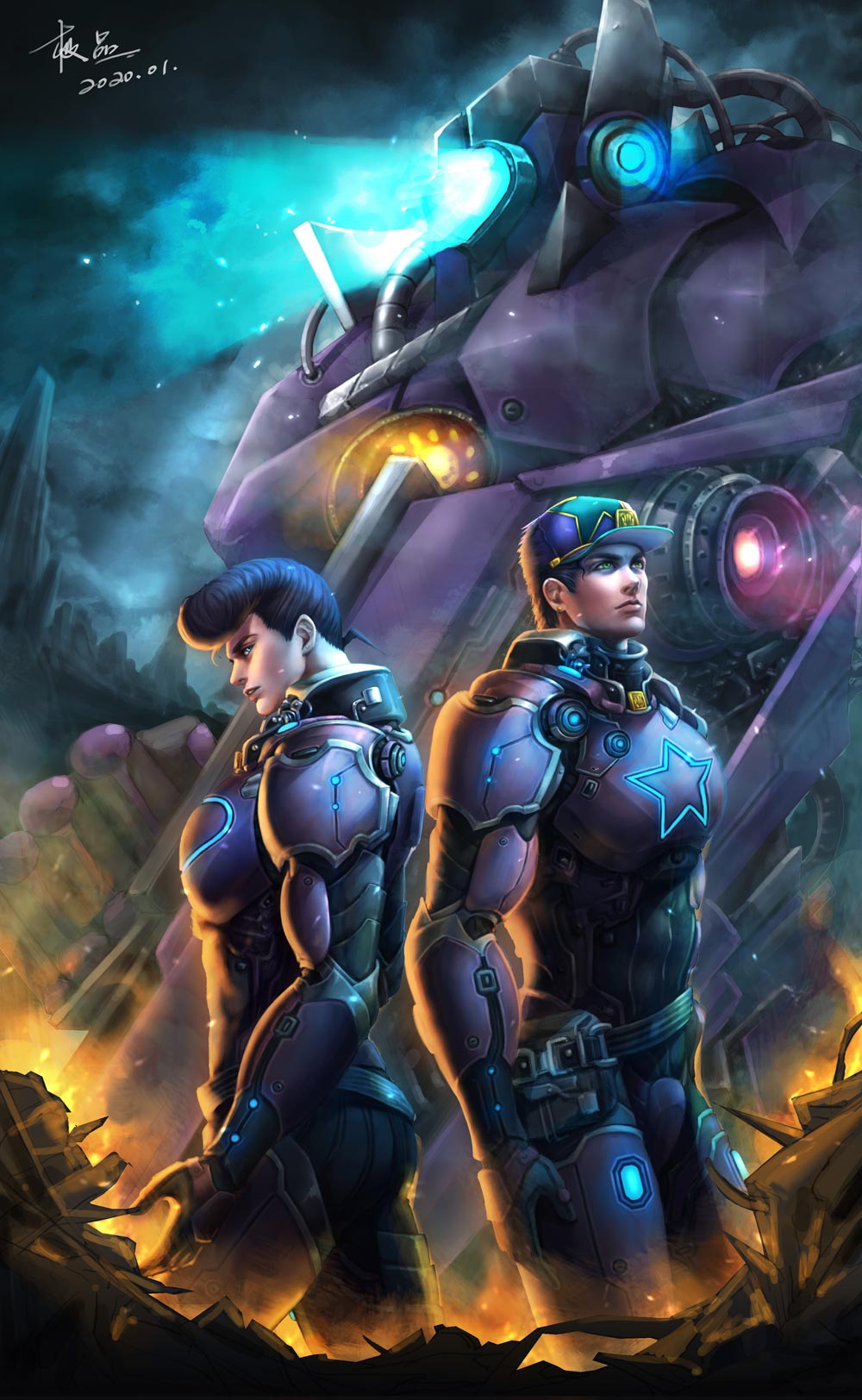 2boys 617247500 black_hair blue_eyes crossover diamond_wa_kudakenai green_eyes hat higashikata_josuke highres jojo_no_kimyou_na_bouken kujo_jotaro male_focus mecha multiple_boys pacific_rim parody pompadour power_armor realistic rubble science_fiction stone_ocean