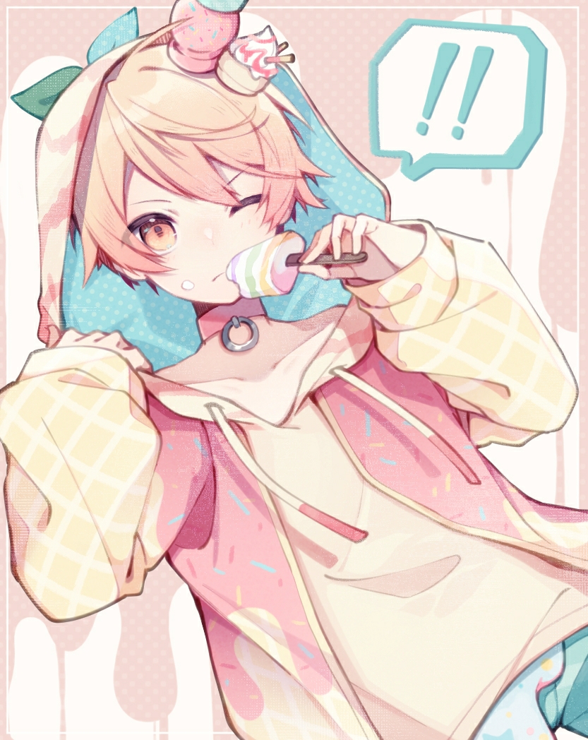 ! 1boy bangs border cake_hair_ornament chuuko_anpu collar commentary_request dripping food food-themed_hair_ornament food_on_face hair_ornament holding holding_food hood hood_up hoodie male_focus one_eye_closed orange_eyes orange_hair pastel_colors pink_background pink_collar polka_dot popsicle project_sekai simple_background solo speech_bubble spoken_exclamation_mark sprinkles tenma_tsukasa white_background yellow_hoodie