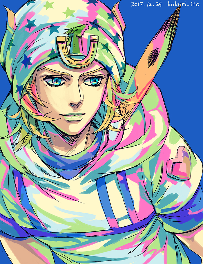 1boy blonde_hair blue_eyes colorful dyresbroom green_lips hood hoodie horseshoe horseshoe_ornament johnny_joestar jojo_no_kimyou_na_bouken male_focus smile solo star_(symbol) star_print steel_ball_run