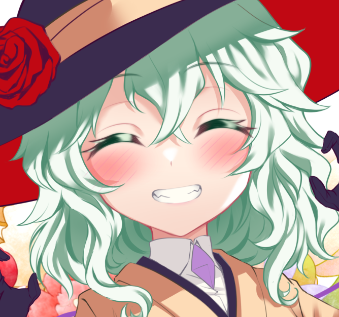 1girl adapted_costume black_gloves blush close-up closed_eyes face flower gloves grin hair_between_eyes hands_up hat hat_flower komeiji_koishi nomayo portrait red_flower red_rose rose simple_background smile solo tilted_headwear touhou white_background