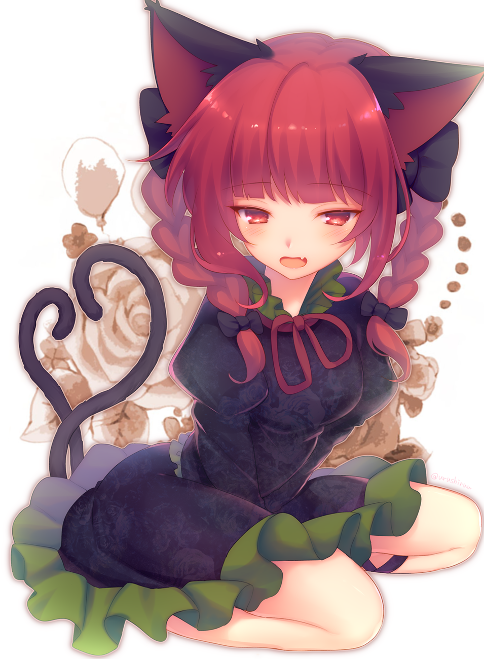 1girl animal_ears balloon black_dress black_ribbon bow bowtie braid cat_ears cat_tail dress fang floral_background floral_print green_dress highres kaenbyou_rin leg_ribbon leg_strap looking_at_viewer multiple_tails open_mouth puffy_sleeves red_bow red_eyes redhead ribbon seiza simple_background sitting skin_fang solo tail touhou twin_braids two_tails urushiruu white_background