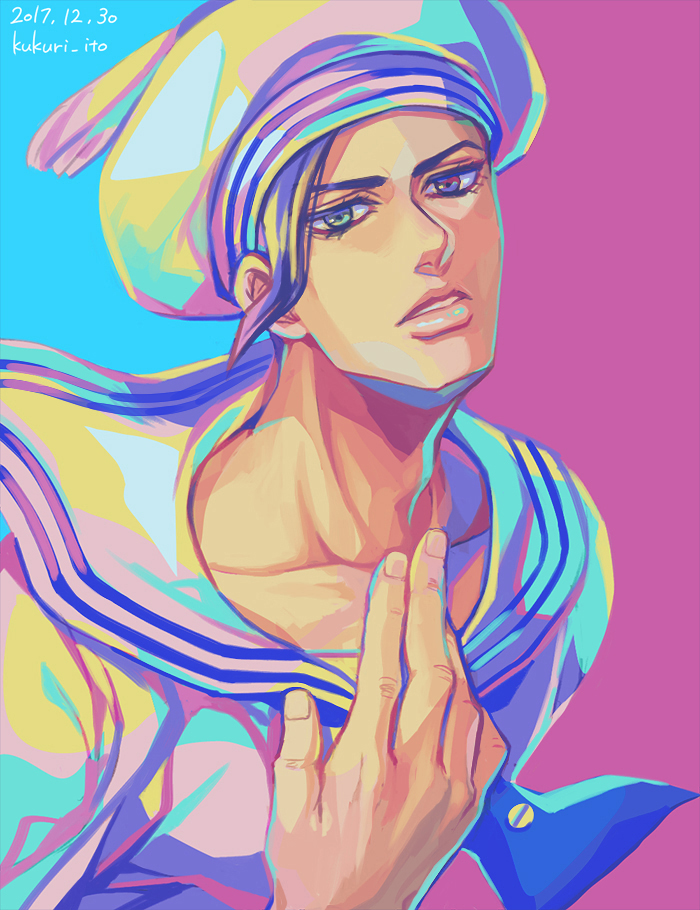 1boy colorful dyresbroom hair_strand hat jojo_no_kimyou_na_bouken jojolion kira_yoshikage_(jojolion) male_focus monochrome pointing pointing_at_self sailor_collar sailor_hat solo