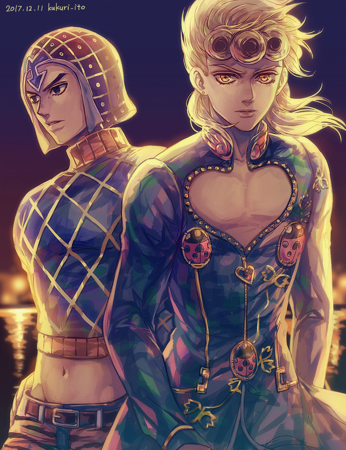 2boys argyle argyle_sweater backlighting black_eyes blonde_hair bug cleavage_cutout clothing_cutout crop_top dyresbroom giorno_giovanna groin guido_mista hair_down hat jojo_no_kimyou_na_bouken ladybug long_hair male_focus midriff multiple_boys pectorals sweater vento_aureo yellow_eyes