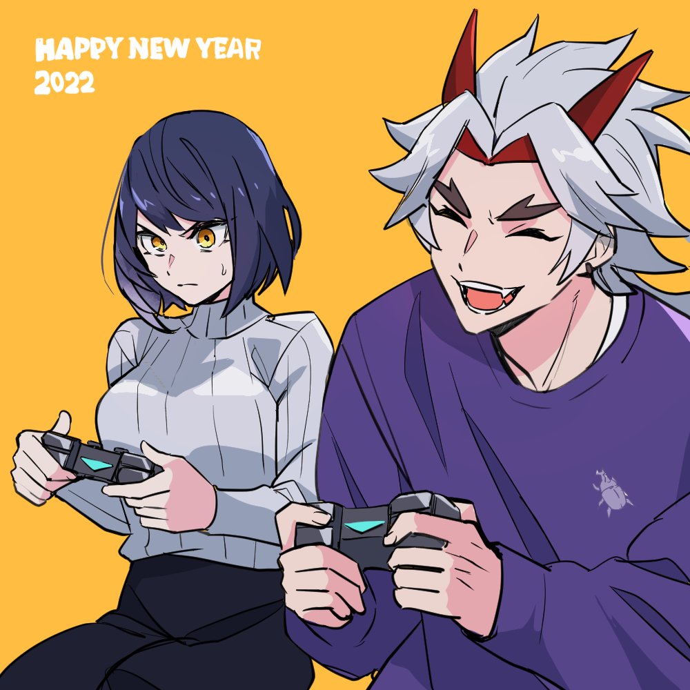 1boy 1girl 2022 alternate_costume arataki_itto bangs black_hair closed_eyes closed_mouth commentary_request controller fangs game_controller genshin_impact grey_hair happy_new_year holding horns kujou_sara long_hair long_sleeves new_year open_mouth playing_games ribbed_sweater rome_romedo shirt short_hair simple_background sweat sweater thick_eyebrows yellow_background yellow_eyes