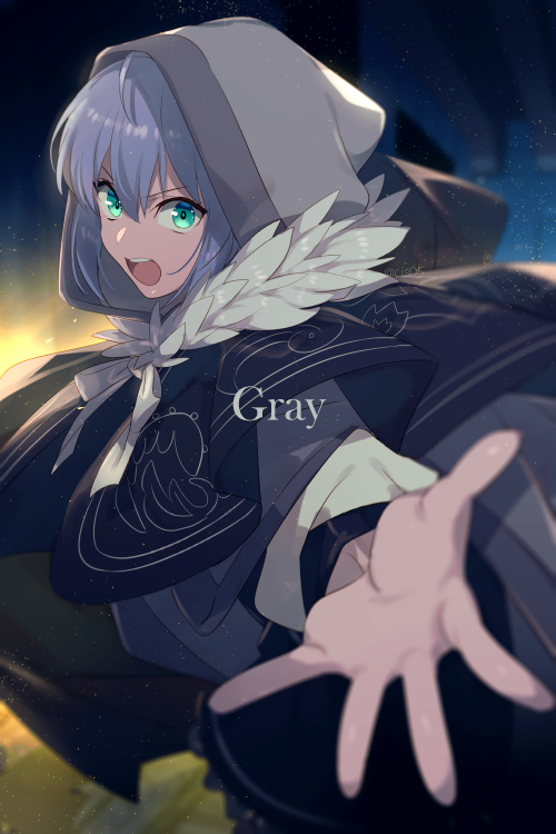 1girl aqua_eyes bangs breasts character_name cloak echo_(circa) fate_(series) gray_(fate) grey_background hood hooded hooded_cloak long_hair long_sleeves looking_at_viewer lord_el-melloi_ii_case_files medium_breasts open_mouth outstretched_arm solo