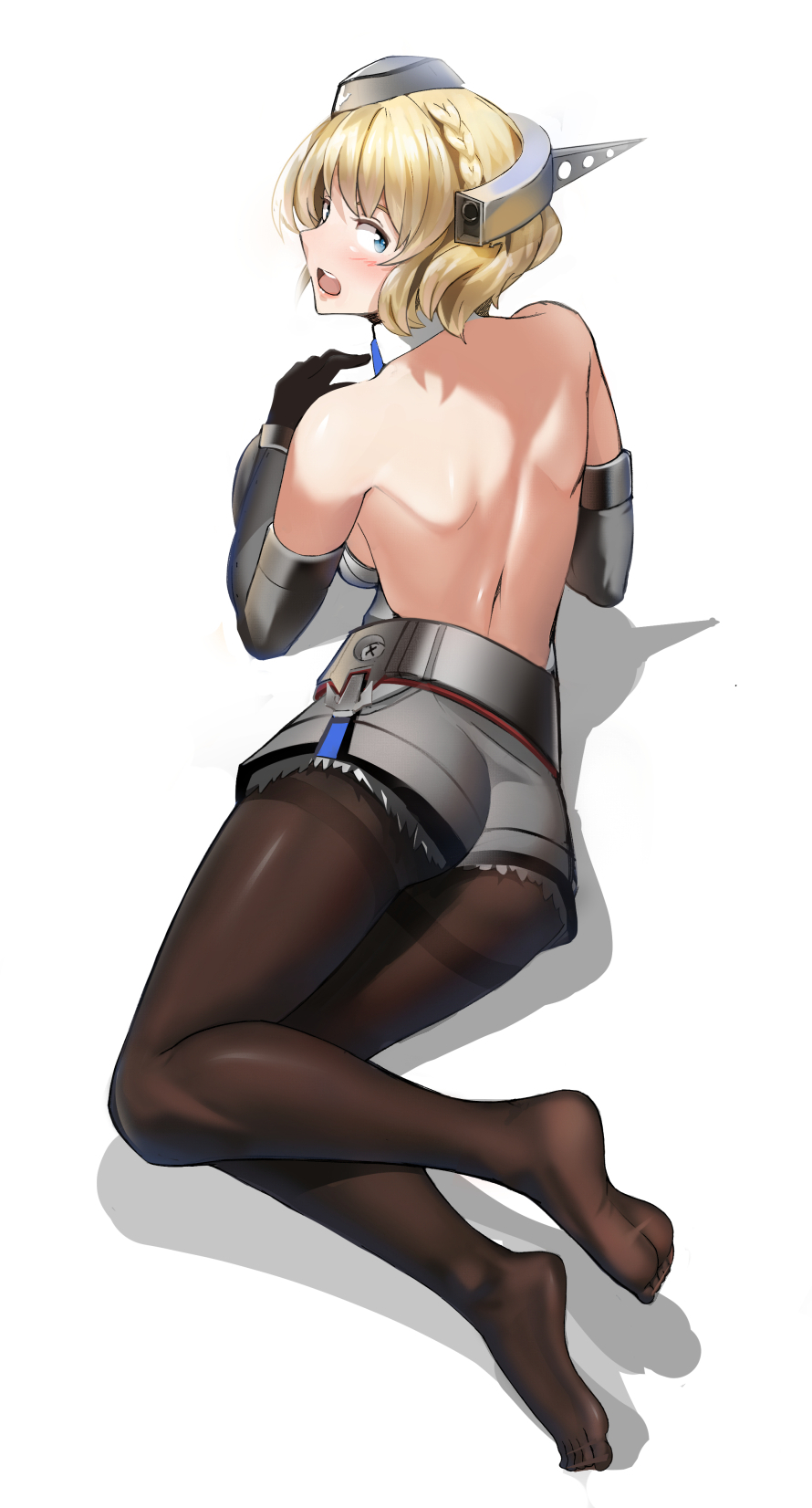 1girl ayakumo backless_dress backless_outfit bare_back black_gloves black_legwear blonde_hair blue_eyes blue_necktie braid breasts colorado_(kancolle) dress elbow_gloves feet garrison_cap gloves grey_dress grey_gloves grey_headwear hat headgear highres kantai_collection large_breasts looking_at_viewer necktie no_shoes pantyhose pleated_dress revision shadow shirt short_hair side_braids sideboob simple_background sleeveless soles solo thighband_pantyhose white_background white_shirt