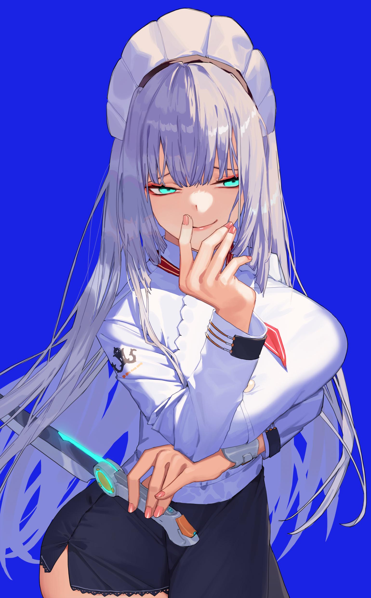1girl absurdres aqua_eyes arm_up bangs blue_background blue_skirt breasts closed_mouth crossed_arms eyebrows_visible_through_hair feet_out_of_frame finger_in_mouth highres holding holding_knife knife large_breasts last_origin light_blue_hair lips long_hair long_sleeves looking_at_viewer maid_headdress nail_polish pink_nails shirt skirt smirk solo sowan_(last_origin) standing tunamayo_(dsasd751) white_shirt