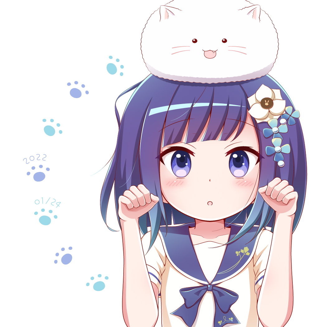 1girl :d :o angora_rabbit animal animal_on_head blue_bow blue_flower blue_hair blue_sailor_collar blush bow collarbone commentary_request dated fang flower fuiba_fuyu gochuumon_wa_usagi_desu_ka? goth_risuto gradient_hair hair_flower hair_ornament hands_up looking_at_viewer multicolored_hair on_head parted_lips paw_pose purple_hair rabbit sailor_collar school_uniform serafuku shirt short_sleeves simple_background smile tippy_(gochiusa) upper_body violet_eyes white_background white_flower white_shirt