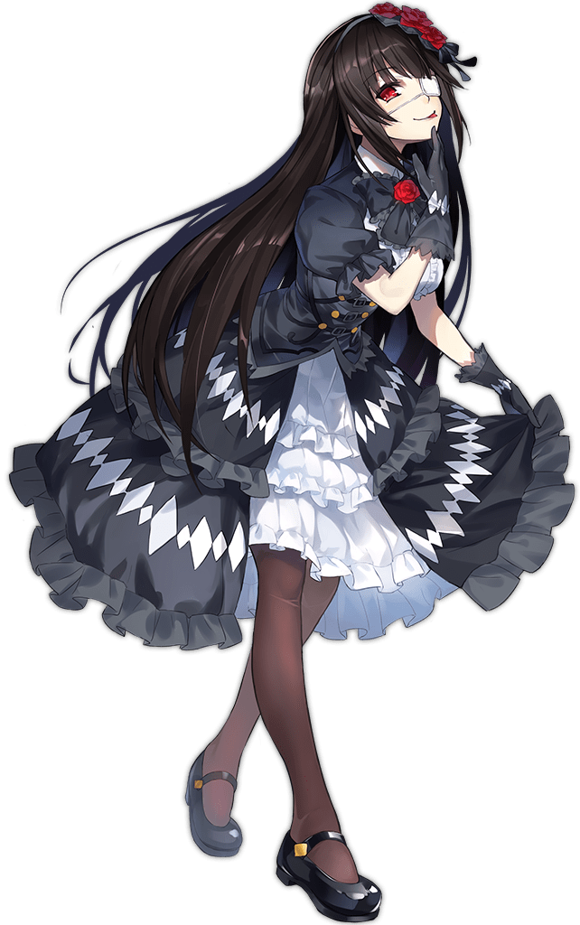 1girl :p ark_order bangs black_bow black_bowtie black_corset black_dress black_footwear black_gloves black_hairband black_legwear blunt_bangs bow bowtie buttons closed_mouth corset covering_mouth date_a_live double-breasted dress eyepatch flower frilled_bow frilled_bowtie frilled_dress frilled_sleeves frills full_body gloves hair_flower hair_ornament hairband hand_over_own_mouth k_suke_(weibo) lolita_fashion long_hair looking_at_viewer medical_eyepatch official_art puffy_short_sleeves puffy_sleeves red_eyes red_flower red_rose rose short_sleeves sidelocks smile solo standing tachi-e tokisaki_kurumi tongue tongue_out transparent_background very_long_hair white_eyepatch