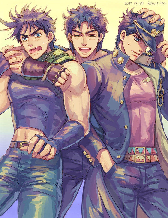 3boys arm_around_shoulder battle_tendency black_hair blue_eyes blue_hair chain dyresbroom fingerless_gloves gloves green_eyes green_scarf hand_in_pocket jojo_no_kimyou_na_bouken jonathan_joestar joseph_joestar joseph_joestar_(young) kujo_jotaro male_focus midriff_peek multiple_boys phantom_blood purple_hair scarf stardust_crusaders striped striped_scarf surprised