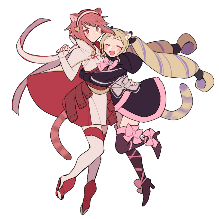 2girls animal_ears armored_skirt bangs black_dress black_ribbon blonde_hair blush boots capelet cat_ears cat_tail closed_eyes do_m_kaeru dress drill_hair elise_(fire_emblem) eyebrows_visible_through_hair fire_emblem fire_emblem_fates full_body hair_ribbon hug japanese_clothes kimono long_hair looking_at_viewer multicolored_hair multiple_girls pink_eyes pink_hair red_ribbon ribbon sakura_(fire_emblem) short_hair sleeveless sleeveless_kimono tail thigh-highs thigh_boots twin_drills two-tone_hair very_long_hair white_background white_kimono white_legwear