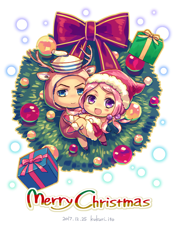 1boy 1girl animal_costume antlers black_hair blue_eyes bow carrying chibi christmas christmas_ornaments christmas_wreath dixie_cup_hat dyresbroom flower_skirt gift hair_bobbles hair_ornament hat higashikata_josuke_(jojolion) hirose_yasuho jojo_no_kimyou_na_bouken jojolion merry_christmas military_hat pink_hair princess_carry reindeer_antlers reindeer_costume sailor santa_costume santa_hat violet_eyes wreath