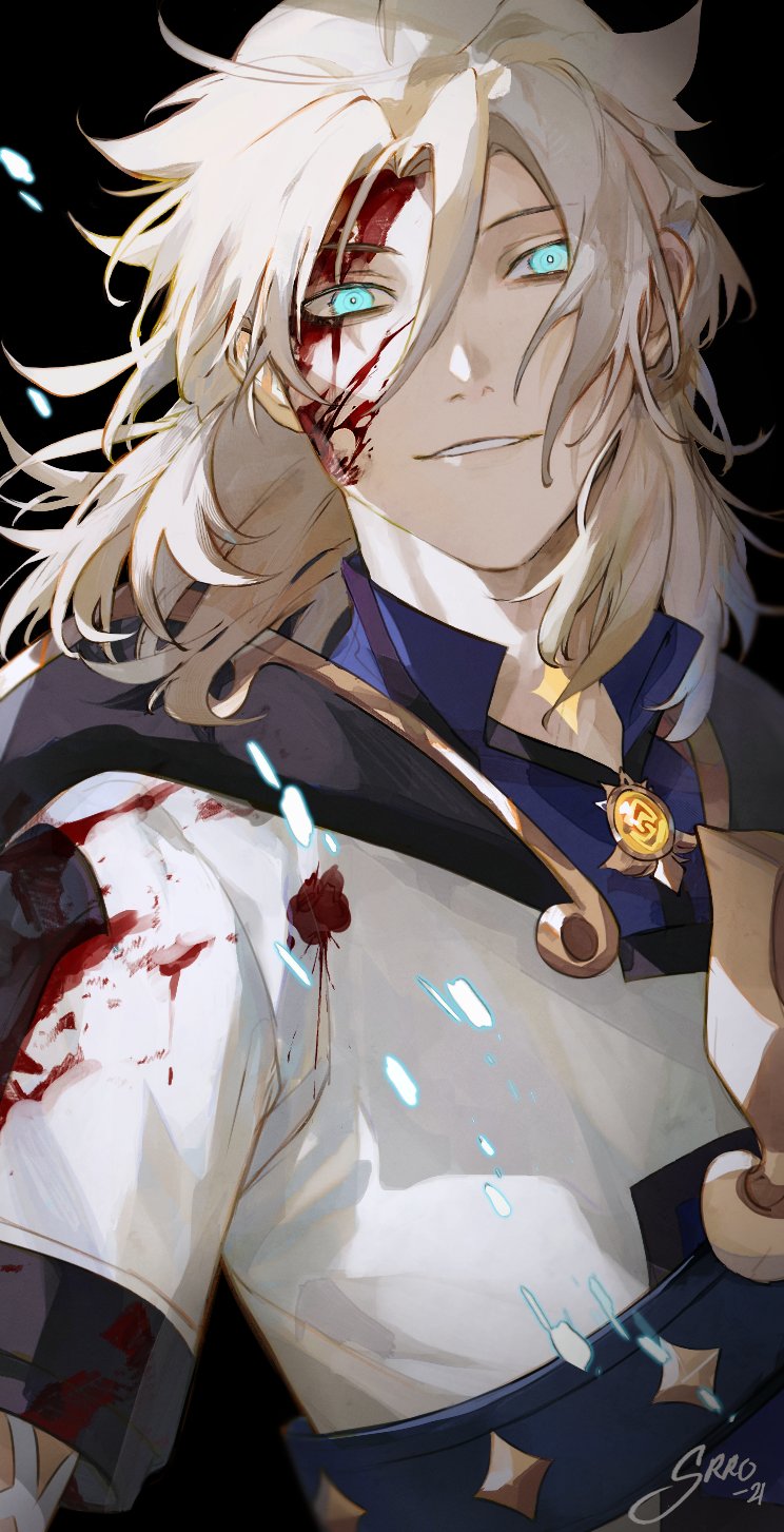 1boy albedo_(genshin_impact) black_background blonde_hair blood blood_on_clothes blood_on_face blue_eyes bright_pupils diamond_(shape) genshin_impact grin hair_between_eyes highres hood hood_down light_blue_eyes long_hair male_focus parted_lips signature simple_background smile solo srro_yo teeth upper_body vision_(genshin_impact) white_pupils