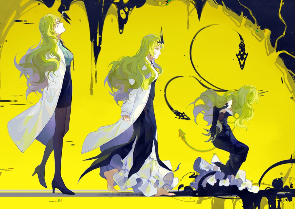 1girl bangs bare_shoulders barefoot black_dress black_footwear black_gloves black_legwear black_necktie black_skirt claw_ring coat crown dress elbow_gloves evolutionary_line full_body gloves green_eyes green_hair green_shirt hands_in_pockets high_heels honkai_(series) honkai_impact_3rd long_hair long_sleeves mobius_(honkai_impact) multiple_persona n0kio necktie polo_shirt scientist shirt simple_background skirt sleeveless sleeveless_dress standing thigh-highs toes wavy_hair white_coat yellow_background