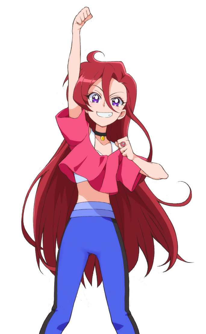 1girl asymmetrical_bangs bangs blue_legwear casual choker clenched_hands commentary crop_top grin hair_between_eyes hair_strand jewelry kayabakoro leggings long_hair looking_at_viewer loose_clothes loose_shirt midriff precure raised_fist red_shirt redhead ring shirt short_sleeves simple_background single_vertical_stripe smile solo standing takizawa_asuka tropical-rouge!_precure very_long_hair violet_eyes white_background white_shirt