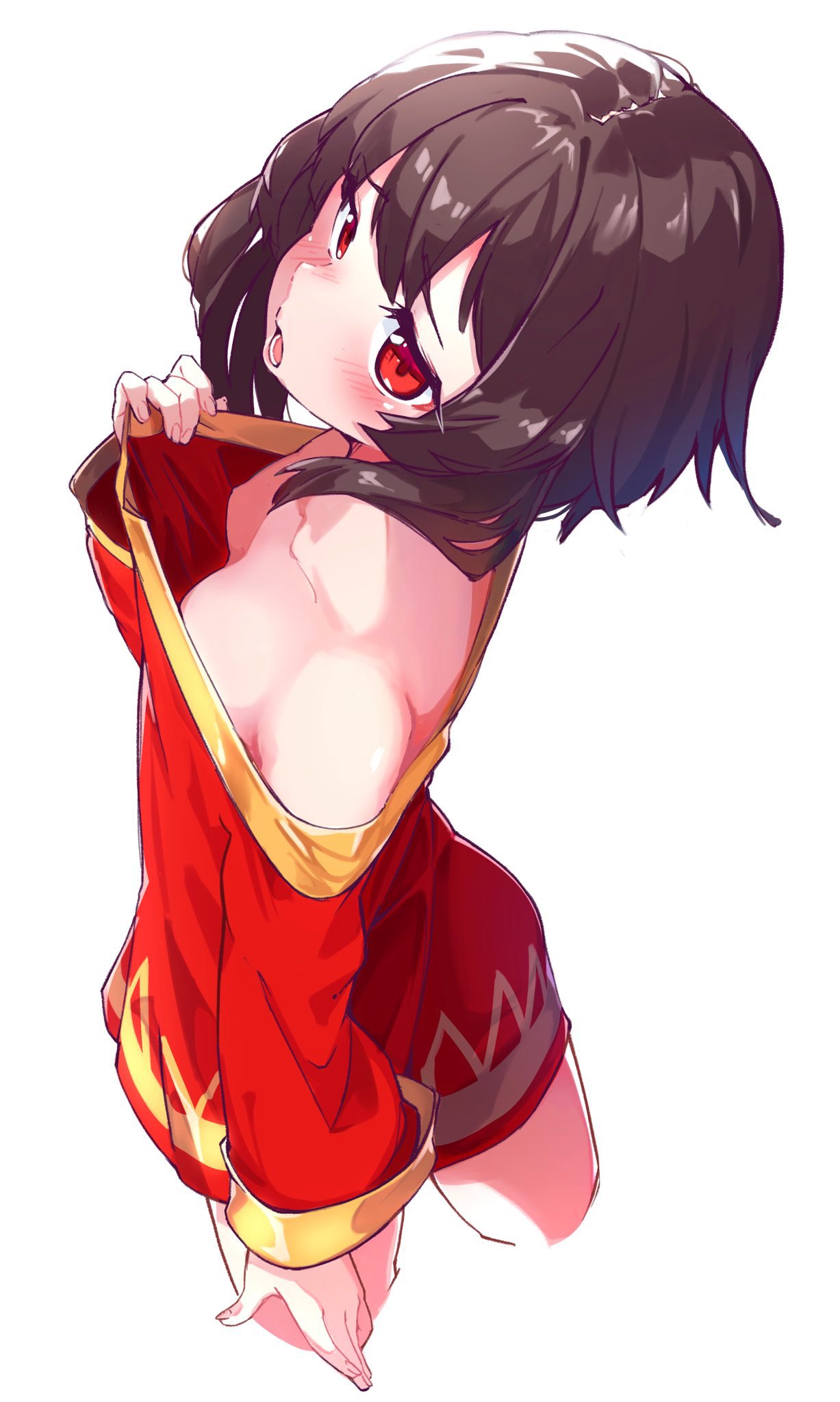 1girl bare_shoulders belt black_hair dress from_behind hat highres hot kono_subarashii_sekai_ni_shukufuku_wo! looking_back megumin off-shoulder_dress off_shoulder re:ankh_(mrsz4523) red_dress red_eyes short_dress short_hair simple_background solo white_background