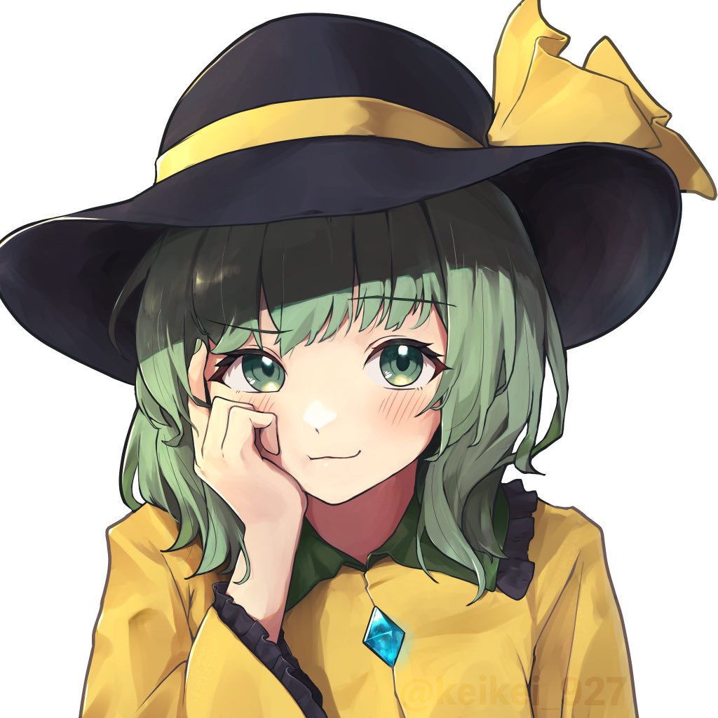 1girl blush green_eyes green_hair hand_on_own_face hat keikei_927 komeiji_koishi long_hair long_sleeves looking_at_viewer middle_finger raised_eyebrow shirt simple_background smirk solo touhou upper_body white_background yellow_shirt