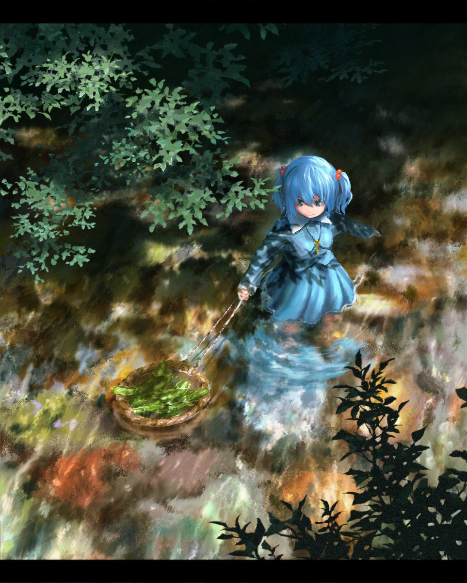 1girl arms_at_sides bangs blue_eyes blue_hair blue_shirt blue_skirt collared_shirt commentary_request cucumber foliage from_above hair_bobbles hair_ornament highres holding holding_ladle kawashiro_nitori key key_necklace ladle letterboxed long_sleeves nature no_hat no_headwear reflection shirt short_hair skirt skirt_set smile solo standing suzu_(susan_slr97) touhou two_side_up wading water