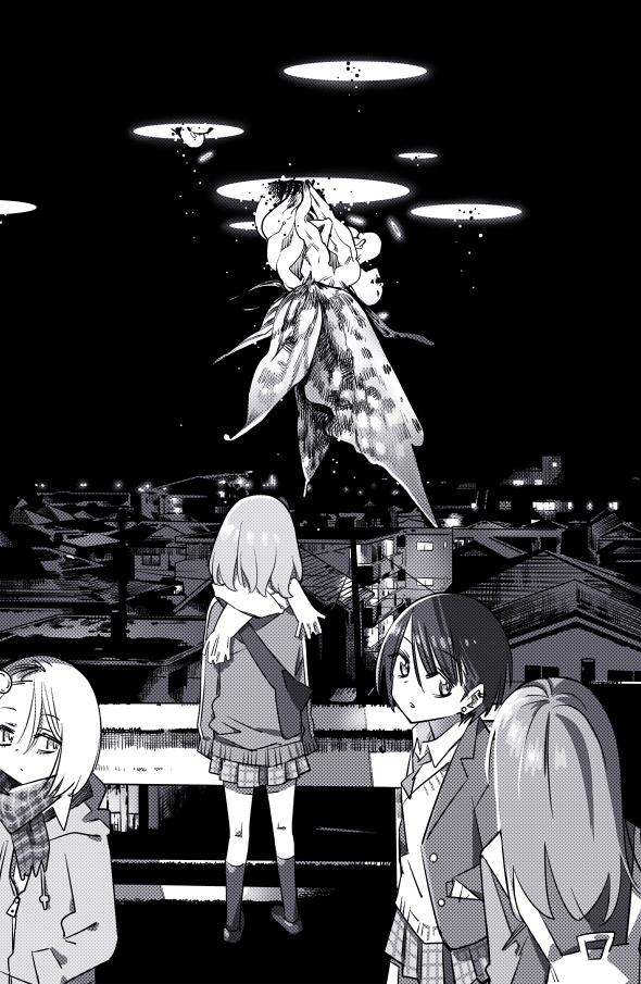 4girls cityscape earrings eyebrows_visible_through_hair greyscale hair_ornament hairclip horror_(theme) jacket jewelry long_hair long_sleeves medium_hair miniskirt monochrome multiple_girls original scarf shoes short_hair skirt socks tokomichi wings