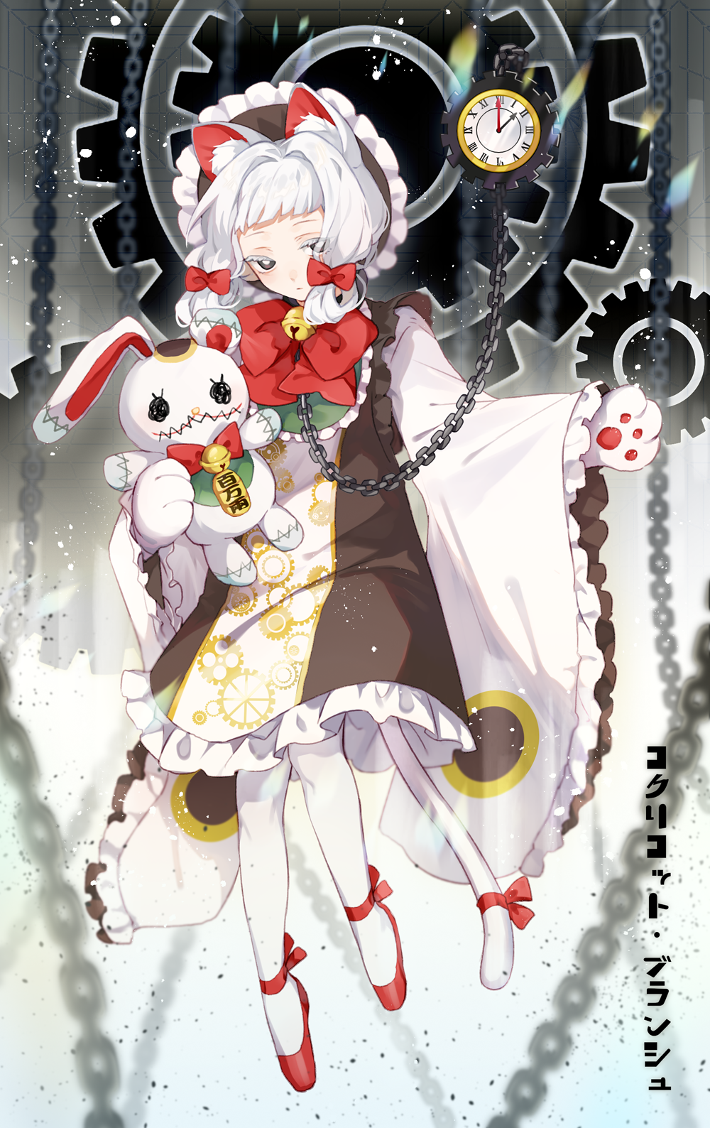 #compass 1girl animal_ear_fluff animal_ears animal_hands bell black_dress bow cat_ears cat_girl cat_tail chain colored_eyelashes commentary coquelicot_blanche dress frilled_dress frilled_sleeves frills full_body gears gloves grey_eyes hair_bow hair_intakes highres holding holding_stuffed_toy jingle_bell leafwow long_sleeves looking_at_viewer pantyhose paw_gloves pocket_watch red_bow red_footwear roman_numeral shoes sleeves_past_wrists solo stuffed_animal stuffed_bunny stuffed_toy symbol-only_commentary tail tail_bow tail_ornament translation_request watch white_gloves white_hair white_legwear wide_sleeves