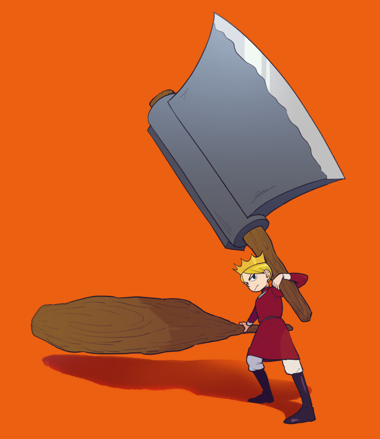 1boy aboutama axe blonde_hair blue_eyes child crown daida fighting_stance full_body holding holding_axe huge_weapon male_focus orange_background ousama_ranking prince short_hair solo weapon