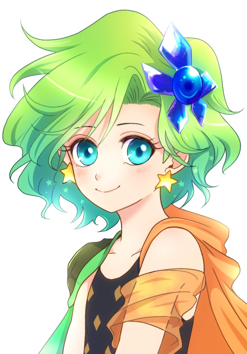 1girl blue_eyes cape closed_mouth commentary earrings final_fantasy final_fantasy_iv green_hair hair_ornament jewelry long_hair looking_at_viewer rydia_(ff4) sa_kichi simple_background smile solo white_background