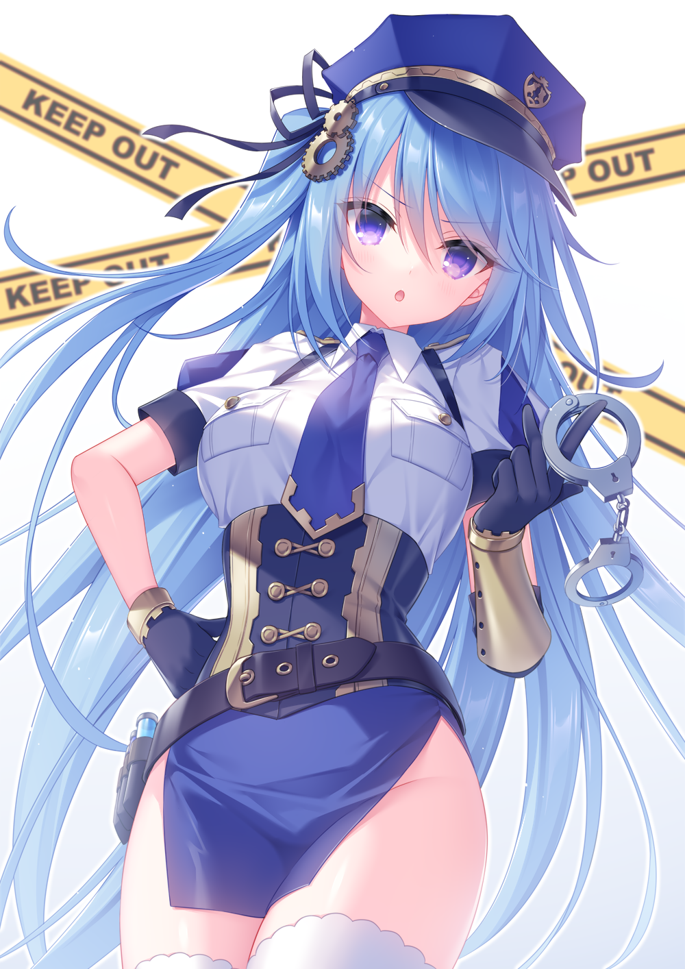 1girl :o bangs black_gloves blue_hair blue_headwear blue_necktie blue_skirt breasts caution_tape collared_shirt commentary_request cuffs eyebrows_visible_through_hair gloves gradient gradient_background grey_background groin hair_between_eyes hand_on_hip handcuffs hat highres impossible_clothes keep_out long_hair medium_breasts necktie one_side_up original outline parted_lips peaked_cap police police_hat police_uniform policewoman puffy_short_sleeves puffy_sleeves sakura_neko shirt short_sleeves skirt solo thigh-highs uniform v-shaped_eyebrows very_long_hair violet_eyes white_background white_legwear white_outline white_shirt