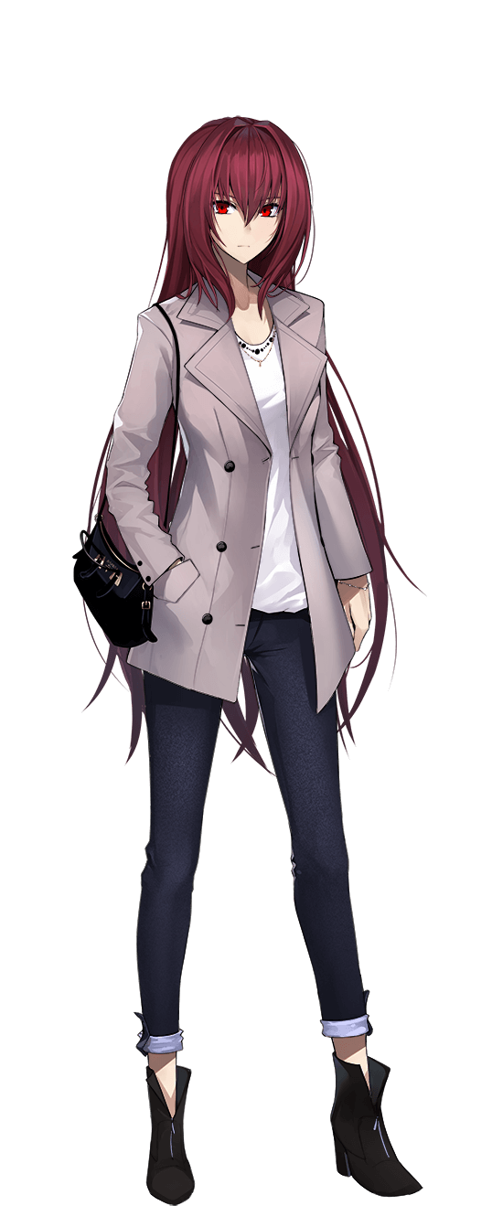 1girl bag bangs black_footwear blue_pants boots bracelet closed_mouth coat collarbone denim eyebrows_visible_through_hair fate/empire_of_dirt fate_(series) full_body game_cg grey_coat hair_between_eyes hair_intakes hand_in_pocket handbag high_heel_boots high_heels highres ikemeru19 jewelry long_hair long_sleeves looking_at_viewer open_clothes open_coat pants red_eyes redhead scathach_(fate) shiny shiny_hair shirt solo standing straight_hair tachi-e transparent_background very_long_hair white_shirt