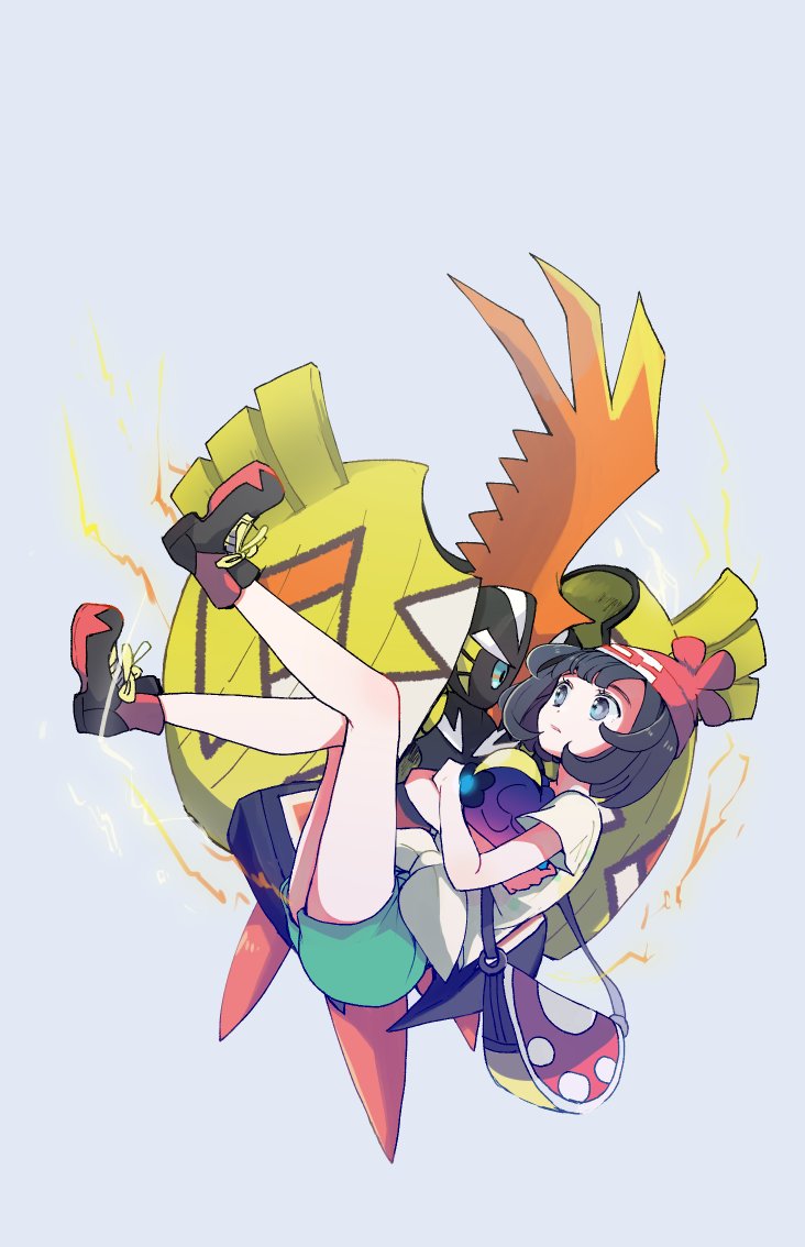 1girl atsumi_yoshioka bare_legs beanie black_hair commentary_request cosmog electricity green_shorts grey_background hat pokemon pokemon_(creature) pokemon_(game) pokemon_sm red_headwear selene_(pokemon) shirt shoes short_hair short_sleeves shorts sneakers t-shirt tapu_koko