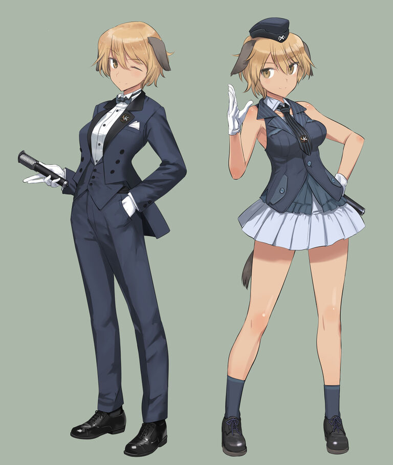 1girl bare_shoulders blonde_hair blush brave_witches breasts closed_mouth dog_tail formal full_body gloves green_background hand_in_pocket hand_on_hip hat microphone military_hat miniskirt multiple_views necktie one_eye_closed shimada_fumikane shiny shiny_hair simple_background skirt sleeveless small_breasts smile suit tail waltrud_krupinski white_gloves world_witches_series yellow_eyes