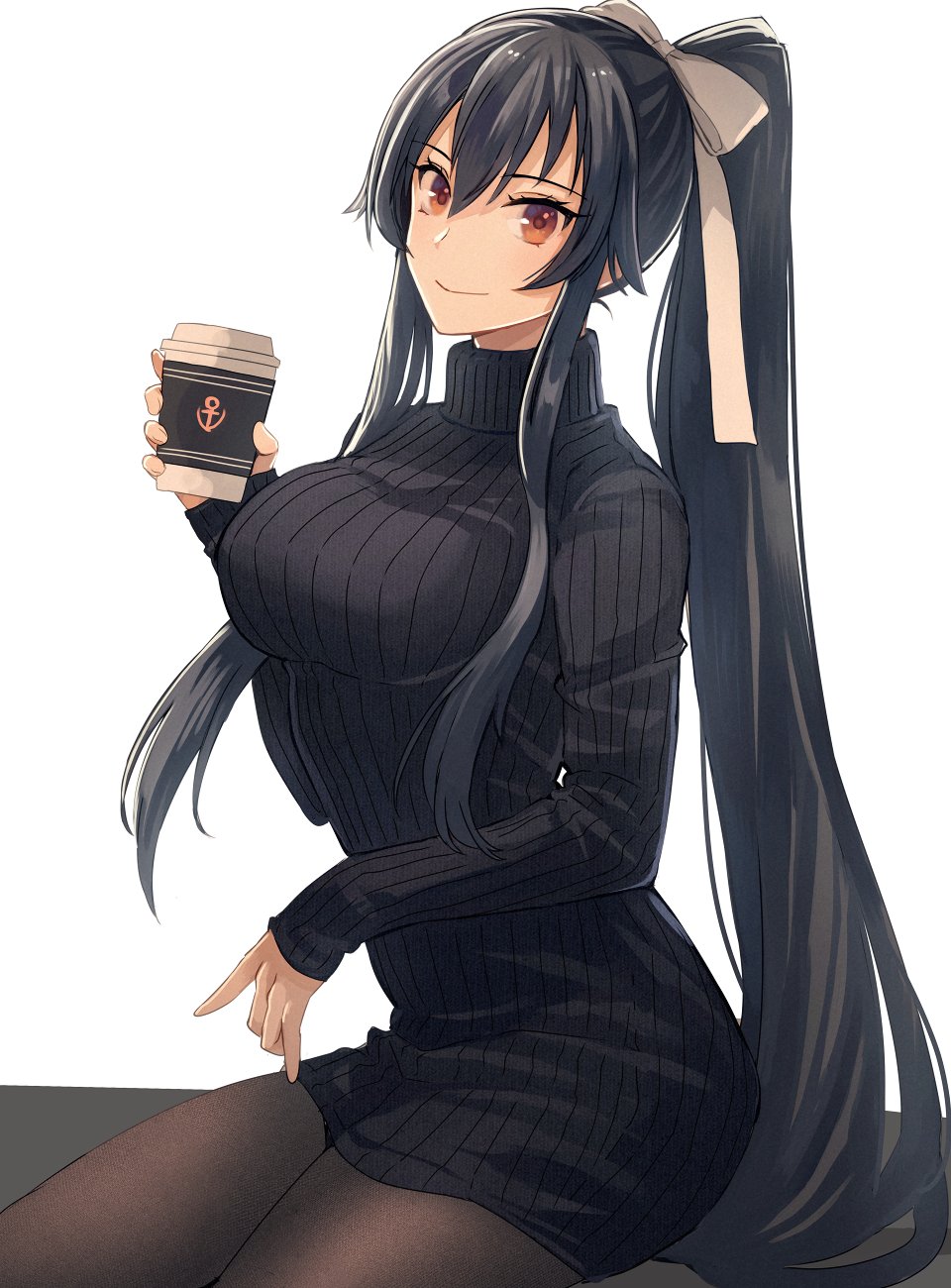 1girl alternate_costume black_hair black_sweater breasts coffee_cup cup disposable_cup highres holding holding_cup kantai_collection kasumi_(skchkko) large_breasts long_hair long_sleeves pantyhose ponytail red_eyes sidelocks simple_background smile solo sweater white_background yahagi_(kancolle)