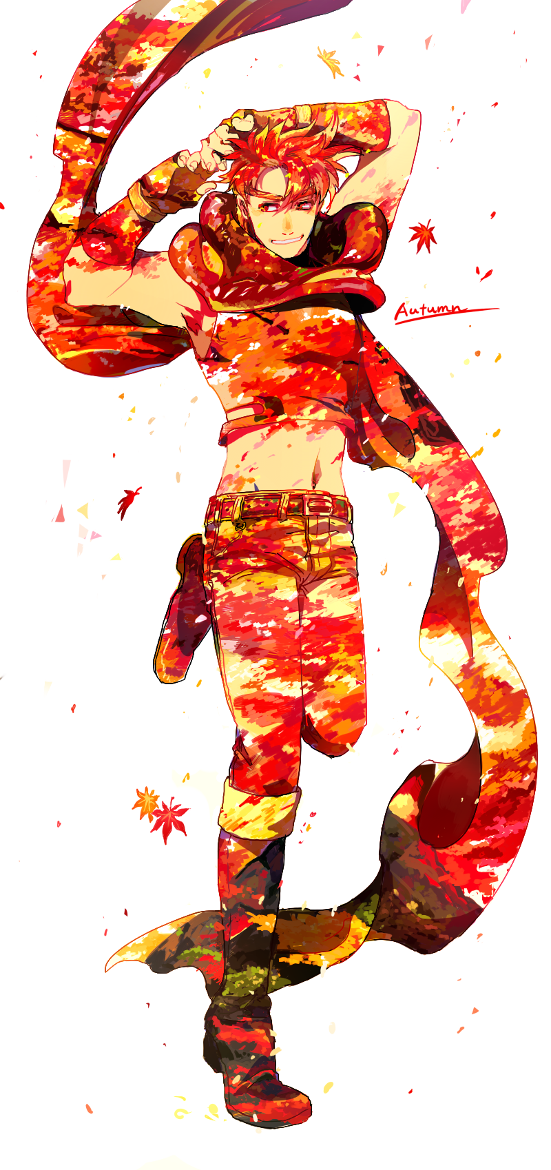 1boy autumn autumn_leaves bare_shoulders battle_tendency boots crop_top fingerless_gloves gloves groin highres jojo_no_kimyou_na_bouken joseph_joestar joseph_joestar_(young) leaf leaf_print male_focus maple_leaf maple_leaf_print midriff red_theme redhead sakaikurinea scarf smile solo standing standing_on_one_leg toned toned_male