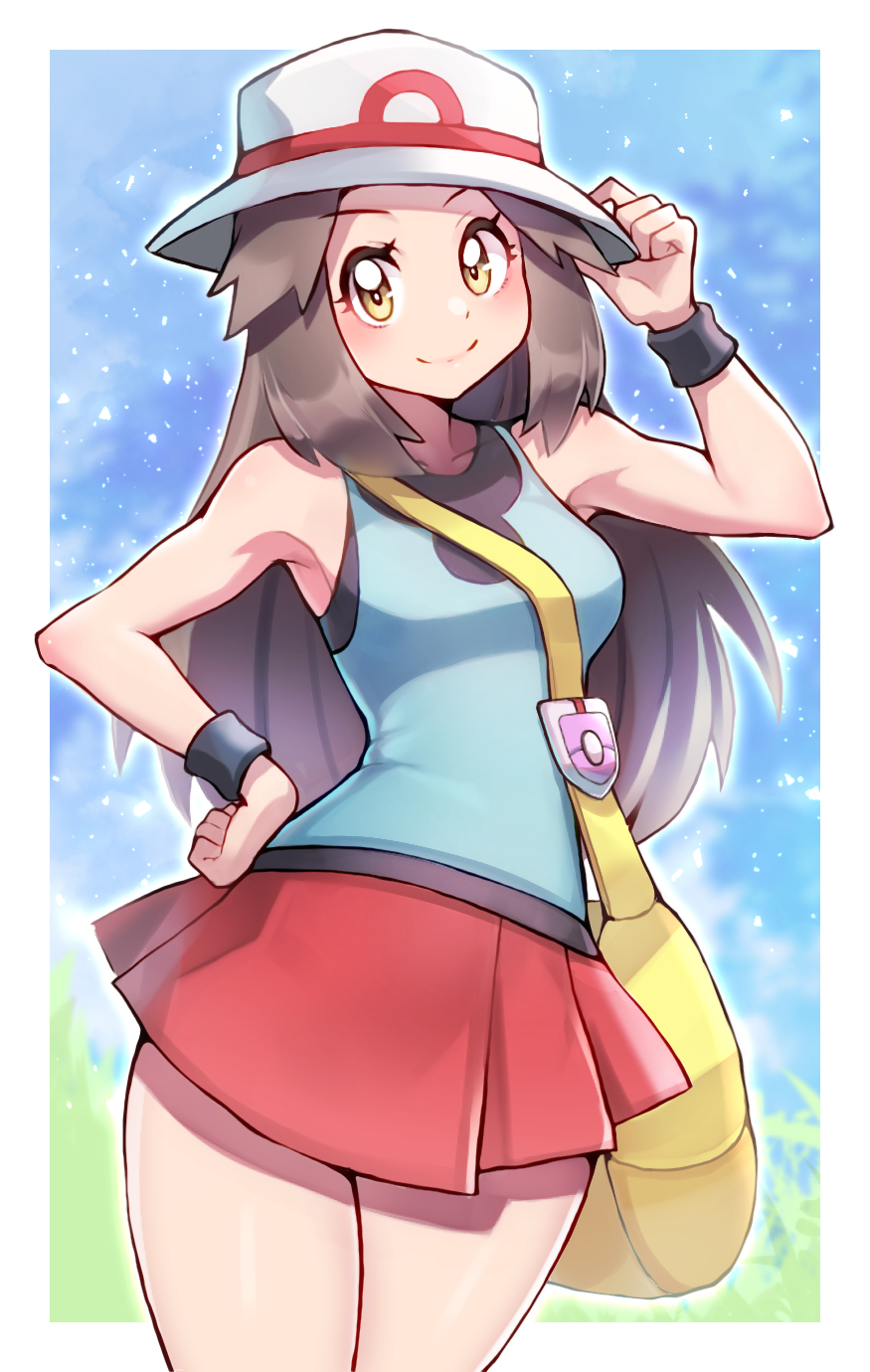 1girl armpits bag black_wristband blue_shirt border brown_eyes brown_hair bucket_hat closed_mouth commentary hair_flaps hand_on_hip hand_up hat highres leaf_(pokemon) long_hair looking_at_viewer messenger_bag pleated_skirt pokemon pokemon_(game) pokemon_frlg red_skirt shirt shoulder_bag skirt sleeveless sleeveless_shirt smile solo vs_seeker white_border white_headwear wristband yasu_suupatenin yellow_bag