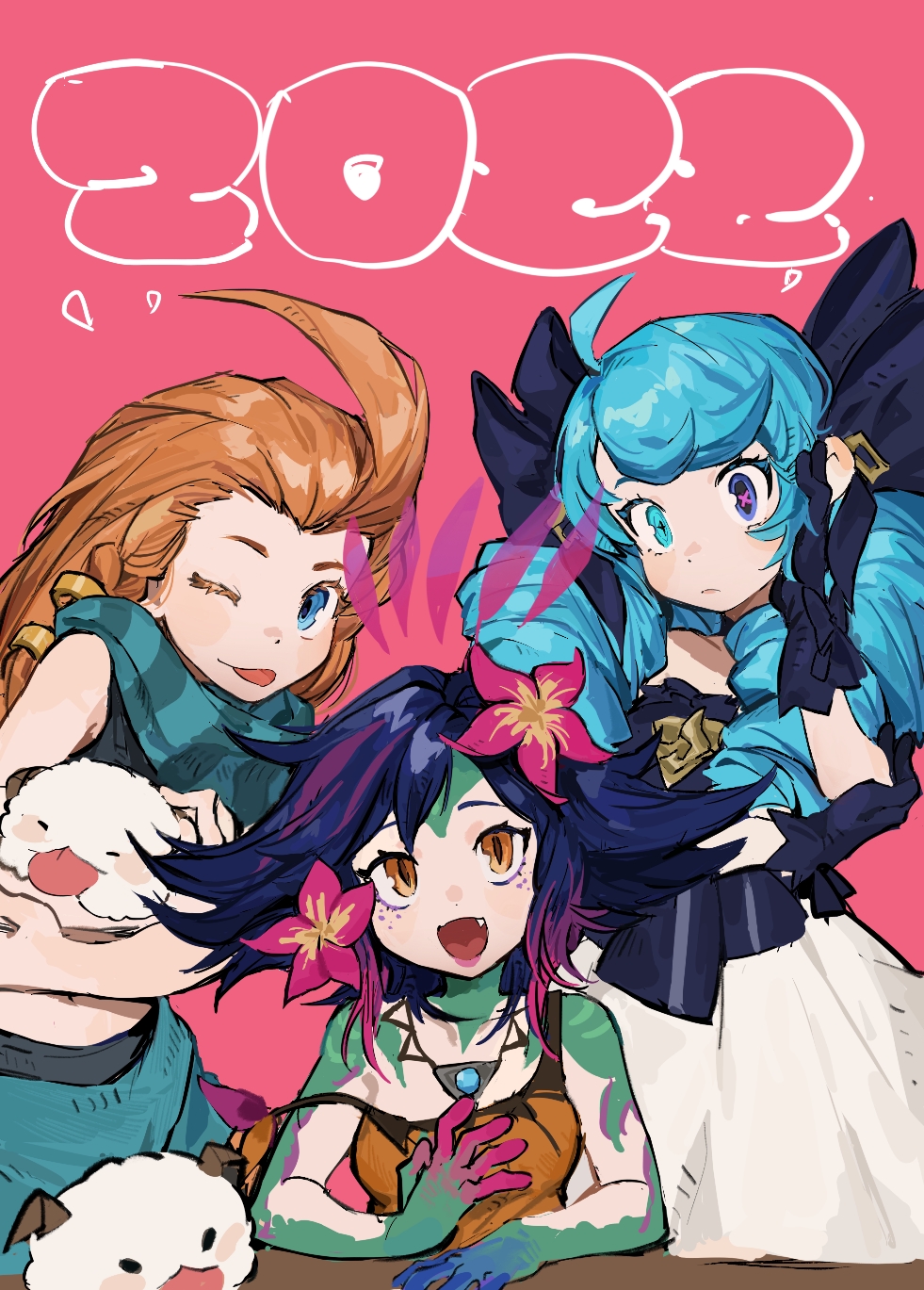 3girls :d ahoge bangs bare_arms bare_shoulders black_bow black_dress black_gloves bow breasts dress drill_hair fang flipped_hair flower ghostgrass gloves green_scarf grey_dress gwen_(league_of_legends) hair_bow hair_flower hair_ornament highres holding league_of_legends long_hair looking_at_viewer multiple_girls neeko_(league_of_legends) off_shoulder one_eye_closed open_mouth orange_eyes orange_shirt pink_background pink_flower pink_hair poro_(league_of_legends) purple_hair scarf shiny shiny_hair shirt simple_background small_breasts smile striped striped_scarf tank_top tongue tongue_out twin_drills twintails zoe_(league_of_legends)