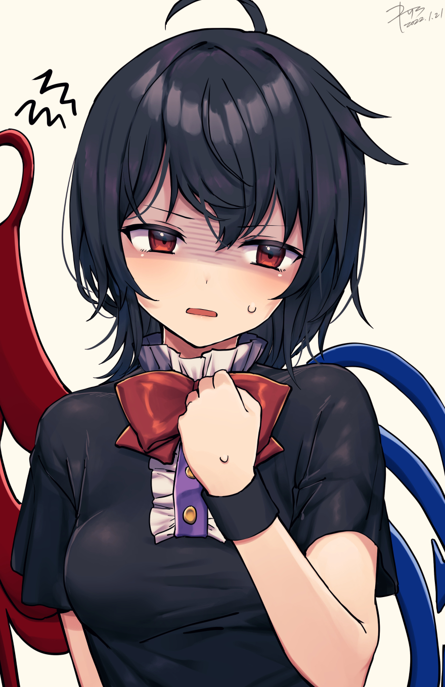 1girl asymmetrical_wings black_dress black_hair blue_wings blush bow bowtie breasts center_frills dress facing_viewer frills hand_on_own_chest hand_up highres houjuu_nue kisamu_(ksmz) medium_breasts medium_hair open_mouth red_bow red_bowtie red_eyes red_wings shaded_face short_sleeves solo sweatdrop touhou upper_body wings wristband