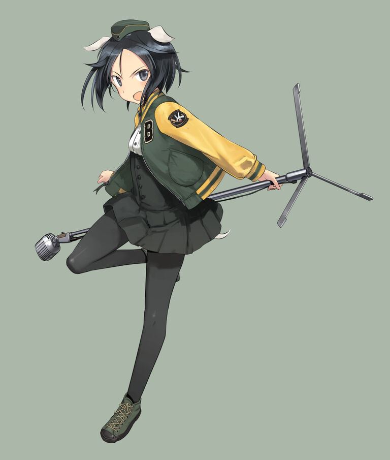 1girl 502nd_joint_fighter_wing_(emblem) animal_ears black_eyes black_hair black_legwear brave_witches buttons dog_ears dog_tail garrison_cap green_footwear green_jacket hat idol jacket kanno_naoe letterman_jacket looking_at_viewer microphone microphone_stand open_mouth pantyhose shimada_fumikane simple_background solo tail thighband_pantyhose world_witches_series