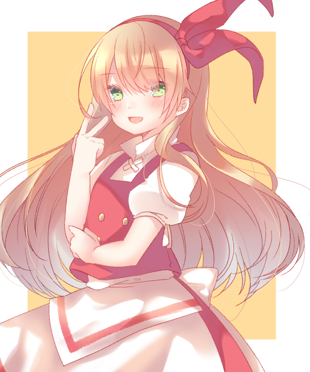 1girl apron back_bow bangs blonde_hair blush bow buttons cacao_(cacaomgmg) collared_shirt commentary_request cowboy_shot ellen_(touhou) eyebrows_visible_through_hair green_eyes hair_bow hairband highres long_hair open_mouth puffy_short_sleeves puffy_sleeves red_bow red_hairband red_skirt red_vest shirt short_sleeves simple_background skirt touhou touhou_(pc-98) v very_long_hair vest waist_apron white_apron white_bow white_shirt yellow_background