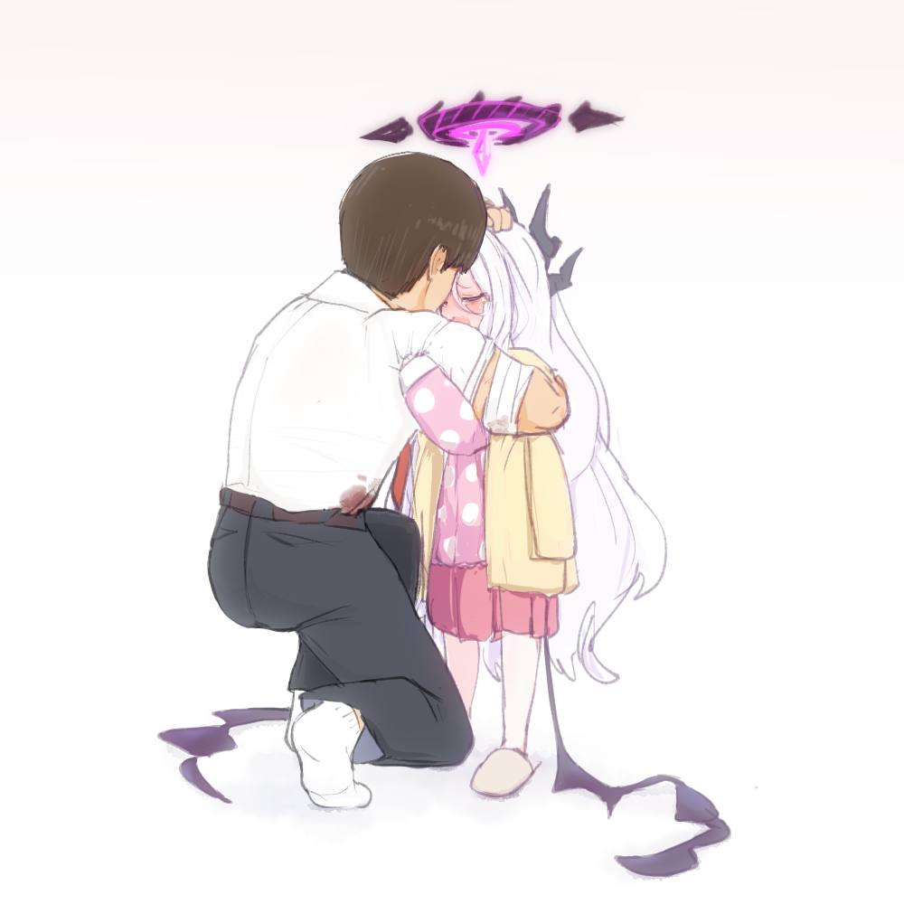 1boy 1girl bandaged_arm bandages blue_archive closed_eyes crying halo hina_(blue_archive) horns hug jacket jacket_on_shoulders long_hair open_mouth pants ro_(aahnn) sensei_(blue_archive) shirt short_sleeves simple_background sleeves_past_wrists slippers standing very_long_hair white_background white_hair white_shirt wings yellow_jacket