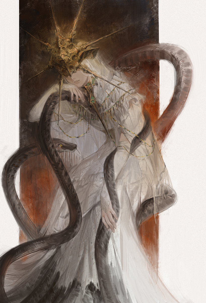 1boy aldrich_devourer_of_gods animal armor closed_mouth covered_eyes dark_souls_(series) dark_souls_iii dress helmet highres long_hair mask monster naux red_background silver_hair snake solo weapon white_background white_dress white_hair