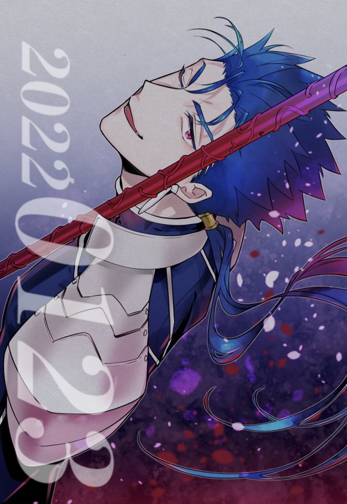 1boy ;d armor blue_background blue_bodysuit blue_hair bodysuit cu_chulainn_(fate) cu_chulainn_(fate/stay_night) dated fate/stay_night fate_(series) hair_strand long_hair looking_at_viewer male_focus oekaki-daisuki-dessu one_eye_closed open_mouth pauldrons ponytail red_eyes shoulder_armor smile solo upper_body
