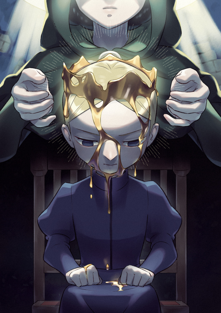 1boy 1girl blonde_hair blue_eyes chair child crown daida empty_eyes hood hood_up male_focus miranjo nikomi_(nikomix) open_hands ousama_ranking pouring prince short_hair sitting solo_focus spoilers