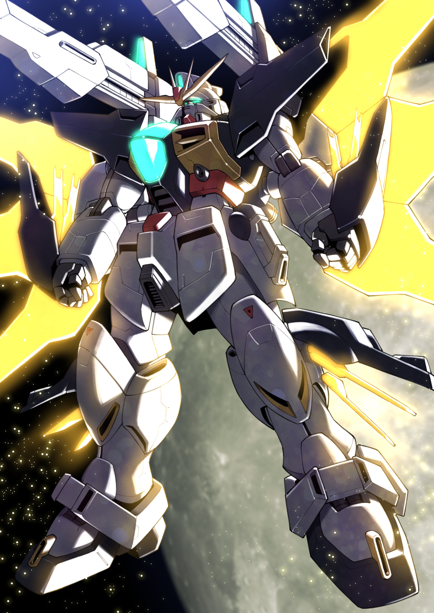 after_war_gundam_x blue_eyes clenched_hand clenched_hands glowing glowing_eye gundam gundam_double_x highres looking_ahead mecha moon no_humans science_fiction shouji_nigou shoulder_cannon solo space v-fin